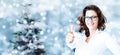 Christmas theme, business smiling woman like hand with thumb up Royalty Free Stock Photo