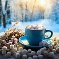 Christmas theme. Cup of hot cocoa with marshmallow on the window, and snowy fores in the background, soft, cinematic light. AI