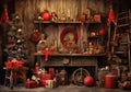 Christmas theme custom-made ,wood and reddecorations backdrop, composit image only Royalty Free Stock Photo