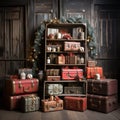 Christmas theme custom-made ,wood and reddecorations backdrop, composit image only Royalty Free Stock Photo