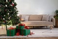 Christmas theme decorated living room. Lifestyle Christmas season family house interior. Traditional Christmas
