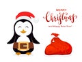 Christmas Penguin with Santa Hat and Red Sack on white background Royalty Free Stock Photo