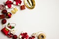 Christmas theme with red and golden ornaments and copy space. Royalty Free Stock Photo