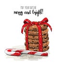 Christmas theme, stack of cookies an one candy cane, illustration Royalty Free Stock Photo