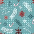 Vector seamless christmas pattern, print, background,wallpaper. White, red, blue, turquese elements. Pine branch, candy, merry chr