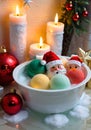 Christmas-Themed Bath Fizzies In A Tub, With A Candlelit Bathroom Setting. Generative AI Royalty Free Stock Photo