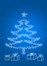 Christmas themed card, winter specific, snowflake, christmas tree and blue background and presents