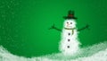 Christmas themed card, winter specific, snowflake, snowman and green background