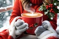 Christmas-Themed Coffee Cup Cradled Between Hands Adorned with a Cozy Red Knit Sweater - Steam Rising in the Festive Chill Royalty Free Stock Photo