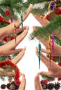 Christmas themed concept of hands making a Christmas tree shape framed with branches and ornaments