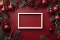 Christmas themed 3D illustration with blank white frame surrounded by festive pine branches and ornaments Royalty Free Stock Photo