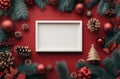 Christmas themed 3D illustration with blank white frame surrounded by festive pine branches and ornaments Royalty Free Stock Photo