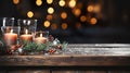 Candles and Christmas Decorations on a Empty Wooden Base For Product Item or Text Display