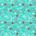 Christmas themed doodle style holly berries and candy canes pattern