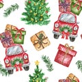 Festive watercolor Christmas seamless pattern with red car, fir tree, gift boxes, isolated on white background. Royalty Free Stock Photo