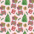 Christmas themed seamless pattern with watercolor symbols of winter holidays. Hand painted red car with gift boxes and tree Royalty Free Stock Photo