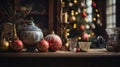 a Christmas themed still life with ornaments, a teapot, and a candlestick on a wooden surface Royalty Free Stock Photo