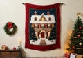 A Christmas-Themed Tapestry On A Wall, In A Historic Home Setting. Generative AI