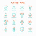 Christmas thin line icons set: Santa Claus, snowflake, reindeer, wreath, bells, decoration, candy cane, polar bear in hat, angel, Royalty Free Stock Photo