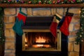 Christmas Three Stockings Hanging Over Fireplace