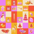 Christmas tile grid seamless pattern with snowman, fir tree, deer, sweets, and toys. Applicable to greeting card, poster, flyer,