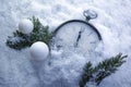 Christmas Time Clock under snow, countdown to midnight Royalty Free Stock Photo