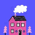 Christmas time cottage facade flat vector illustration Royalty Free Stock Photo