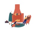 Christmas time with grandparents flat vector illustration. Elderly couple enjoying cozy evening near fireplace cartoon