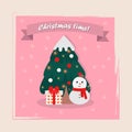 Christmas time greeting card. Gifts, snowman, garland, Christmas tree on a pink background. Winter vintage greeting card Royalty Free Stock Photo