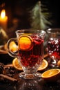 Christmas time, hot mulled wine in a glass, served rustically with lots of spices and lots of little lights on the table