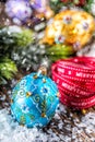 Christmas Time. Luxury golden purple blue christmas ball and decoration.Red ribbon with text happy christmas Royalty Free Stock Photo