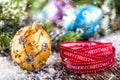 Christmas Time. Luxury golden purple blue christmas ball and decoration.Red ribbon with text happy christmas Royalty Free Stock Photo