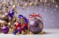 Christmas Time Luxury golden purple blue bauble on christmas background