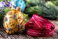 Christmas Time. Luxury golden purple blue christmas ball and decoration.Red ribbon with text happy christmas Royalty Free Stock Photo