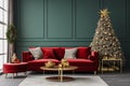 Christmas time. Luxury living room in house with modern interior design, red sofa, coffee table, pouf, gold decoration, plant, Royalty Free Stock Photo