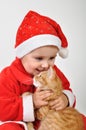 Christmas toddler child plays with a cat Royalty Free Stock Photo