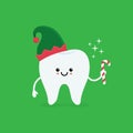 Christmas tooth characters in elf costume. Happy New Year or xmas. Funny dental care concept