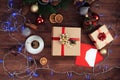 Christmas top view background. Cup of coffee, presents, ornaments Royalty Free Stock Photo