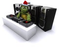 Christmas tortoise DJ mixing records on turntables