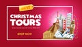 Christmas tours travel promo banner design template. Vector illustration