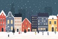 Christmas town border, european houses street with falling snow. Winter night city scene, seamless vector illustration Royalty Free Stock Photo