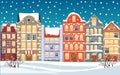 Christmas town illustration. Xmas snowy old town. Cartoon buildings. Christmas background. City street at Winter. New Royalty Free Stock Photo