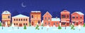 Christmas town. Night winter wonderland street with houses decorated for holidays and New year. Snow village seamless