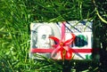 Christmas toy box with a red bow made of dollar bills on the branch of spruce Royalty Free Stock Photo