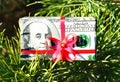 Christmas toy box with a red bow made of dollar bills on the branch of spruce Royalty Free Stock Photo