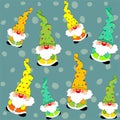 Christmas toy dwarves with colored spotted hats seamless pattern - vector