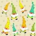 Christmas toy dwarves with colored spotted hats seamless pattern - vector