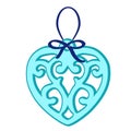 Christmas toy in the form of a blue heart with frosty patterns isolated on white background. Vector illustration. Royalty Free Stock Photo