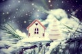 Christmas toy house with a toy tree on a natural natural background of a real fir in the snow, toned. Concept Royalty Free Stock Photo