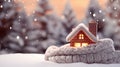 Christmas Toy house is wrapped in a warm scarf. Ai Generated Royalty Free Stock Photo